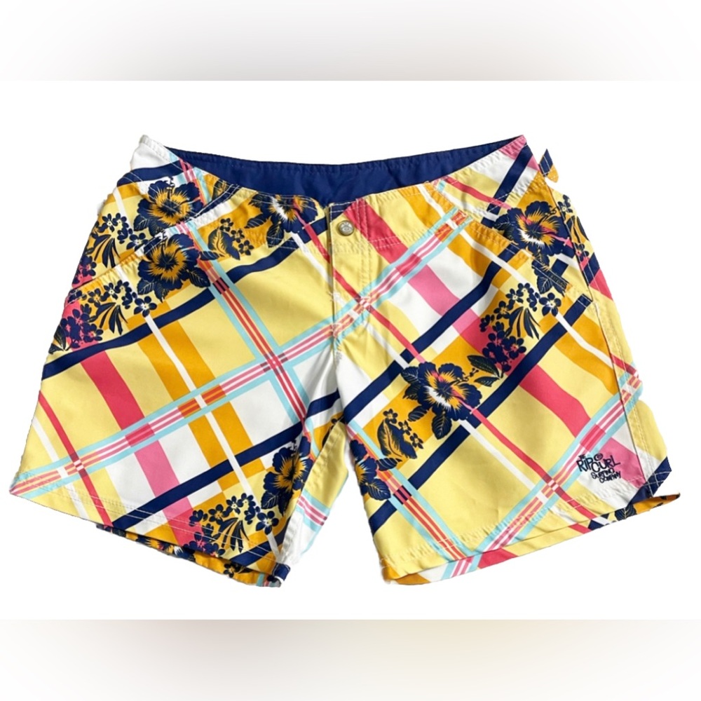 Rip Curl Board Shorts Men’s 30 Yellow Floral Plaid Surf Swim Beach